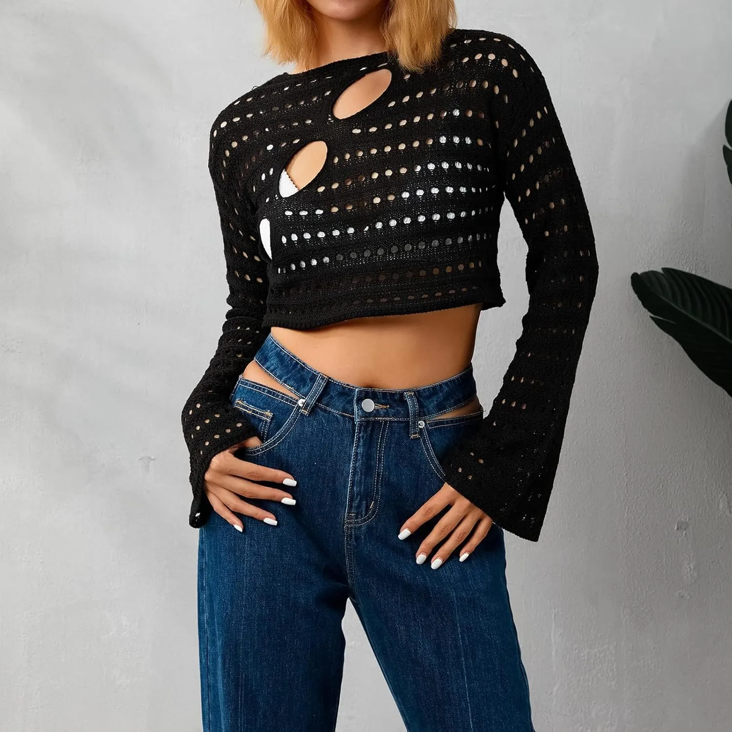 2025 Women Crochet Knit Hollow Out Sweaters Long Sleeve Summer Cover Up Cropped Sweater