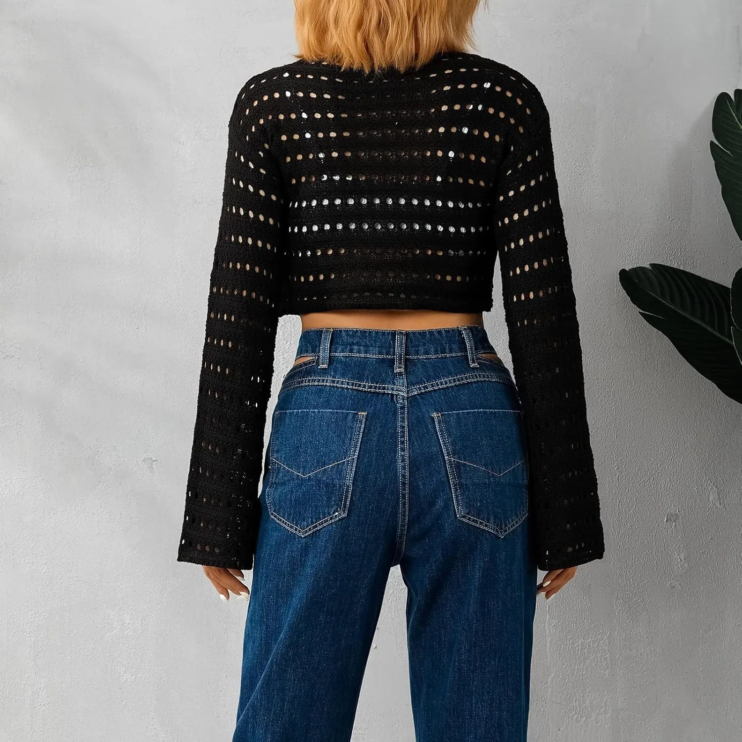 2025 Women Crochet Knit Hollow Out Sweaters Long Sleeve Summer Cover Up Cropped Sweater