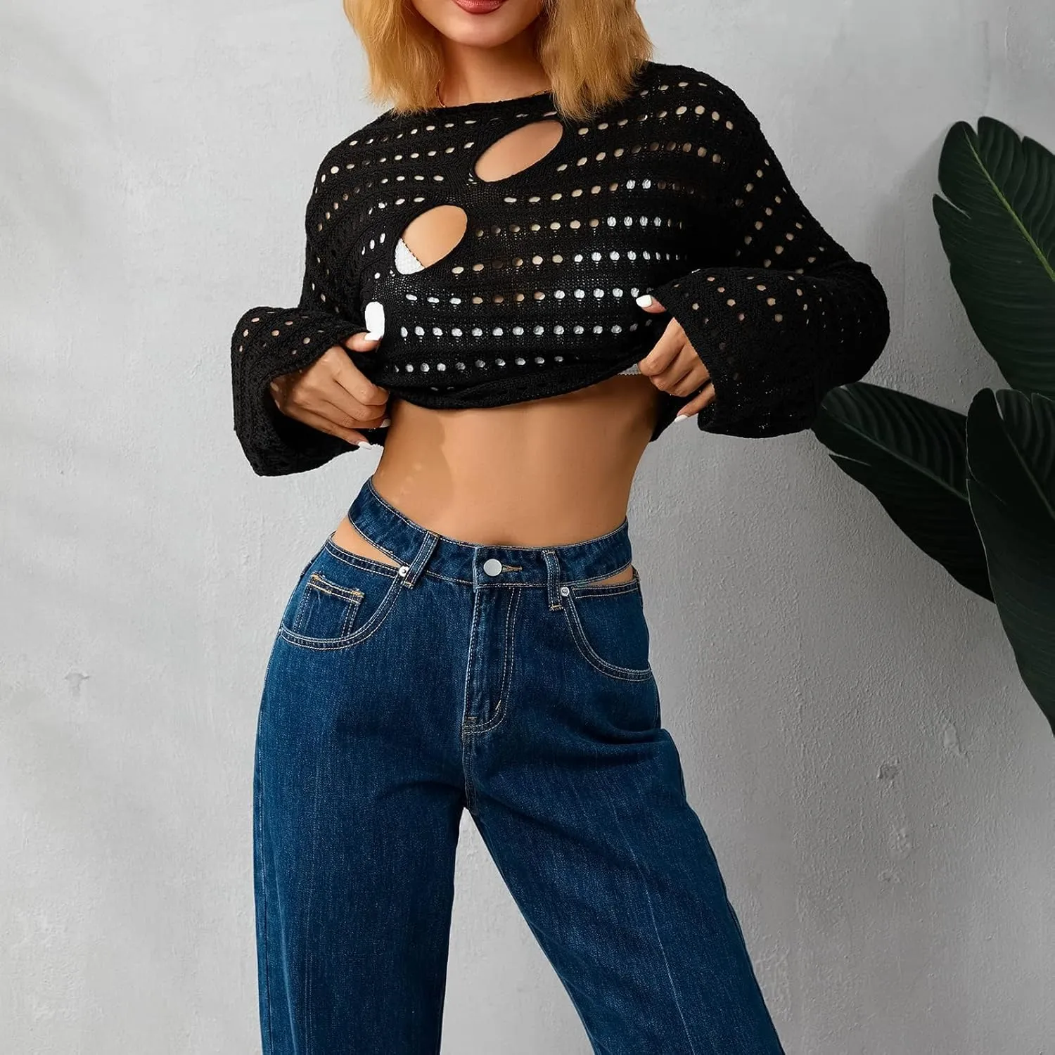 2025 Women Crochet Knit Hollow Out Sweaters Long Sleeve Summer Cover Up Cropped Sweater