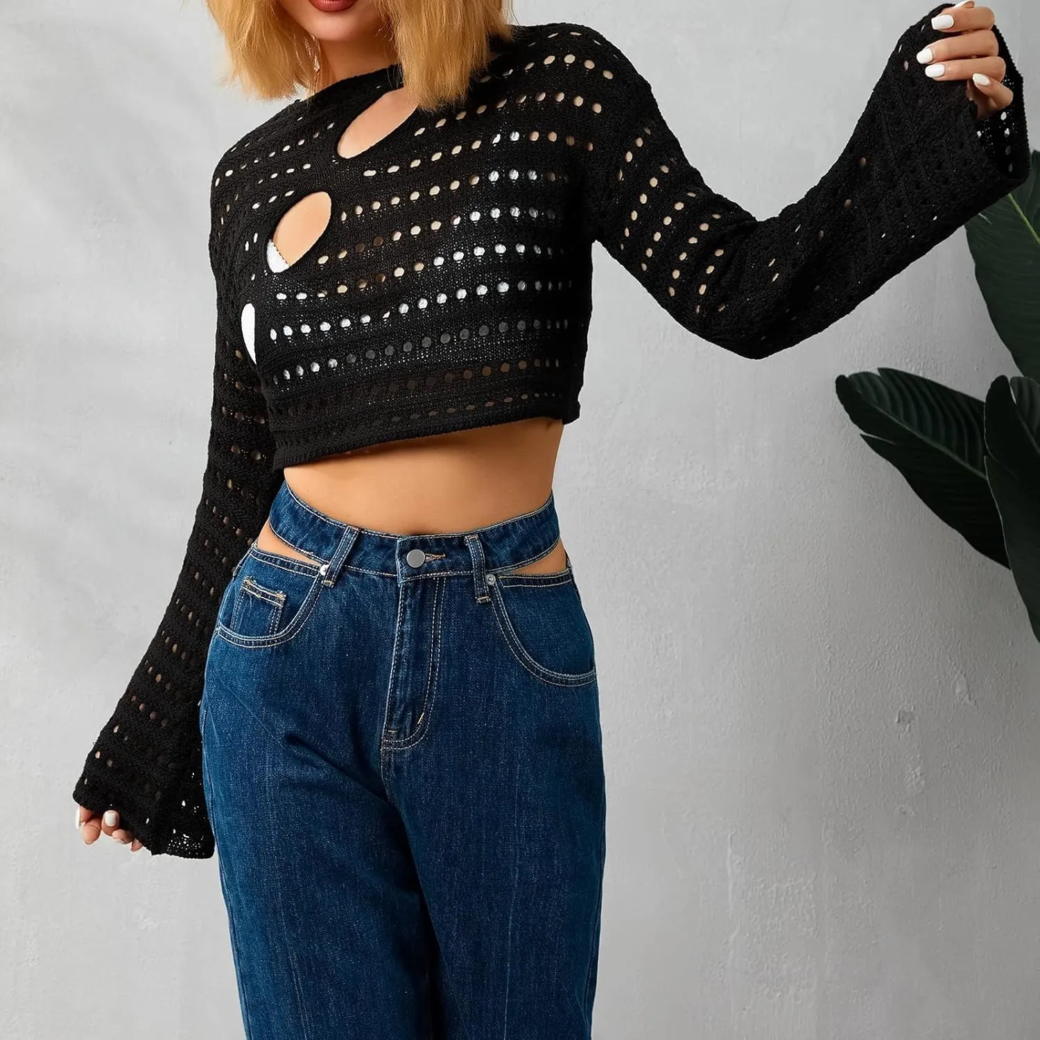 2025 Women Crochet Knit Hollow Out Sweaters Long Sleeve Summer Cover Up Cropped Sweater