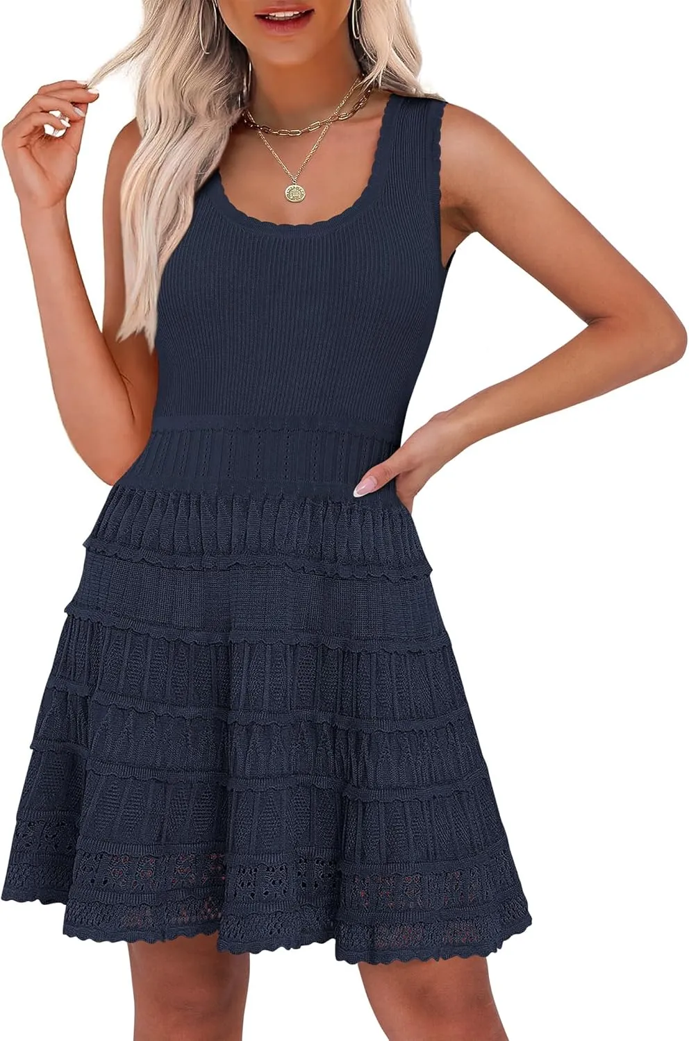 ANRABESS Womens Sundress Beach Vacation Mini Tank Dresses Summer Casual Crochet Knit Scoop Neck Sleeveless Dress