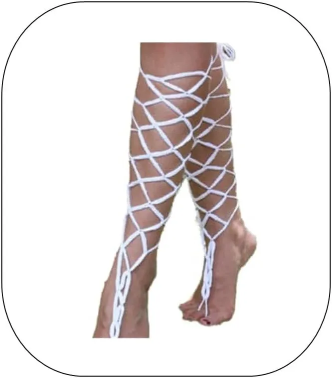 Asphire Beach Crochet Barefoot Sandals 2pcs Long Braided Mesh Anklet Yoga Dance Foot Accessories Bandage Foot Chains for Women (White(long))
