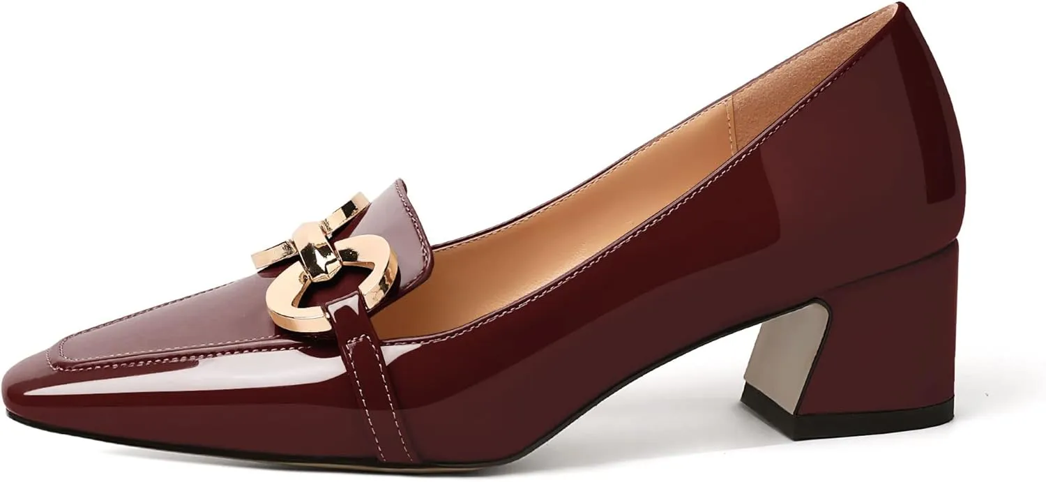 AUMOTED Women's Heels Chunky Low Block Square Toe Dress Shoes with Gold Metal Chain Wedding Party Office Patent Summer Comfortable Pumps