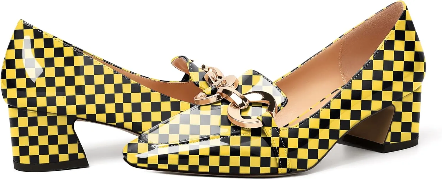 AUMOTED Women's Heels Chunky Low Block Square Toe Dress Shoes with Gold Metal Chain Wedding Party Office Patent Summer Comfortable Pumps