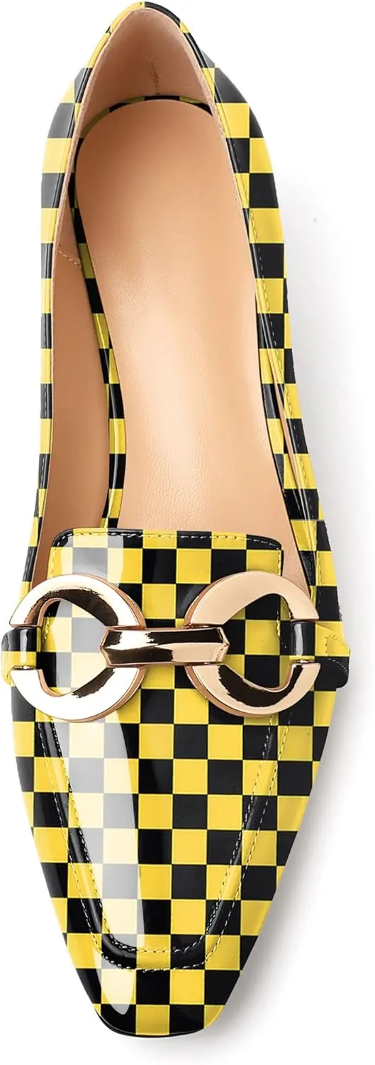 AUMOTED Women's Heels Chunky Low Block Square Toe Dress Shoes with Gold Metal Chain Wedding Party Office Patent Summer Comfortable Pumps