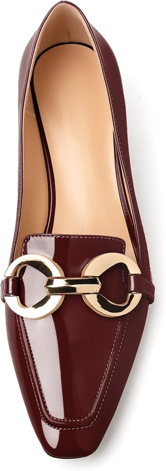 AUMOTED Women's Heels Chunky Low Block Square Toe Dress Shoes with Gold Metal Chain Wedding Party Office Patent Summer Comfortable Pumps