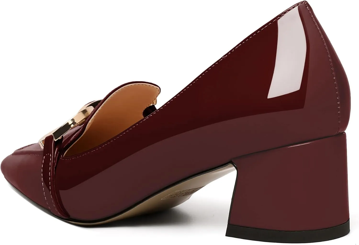 AUMOTED Women's Heels Chunky Low Block Square Toe Dress Shoes with Gold Metal Chain Wedding Party Office Patent Summer Comfortable Pumps