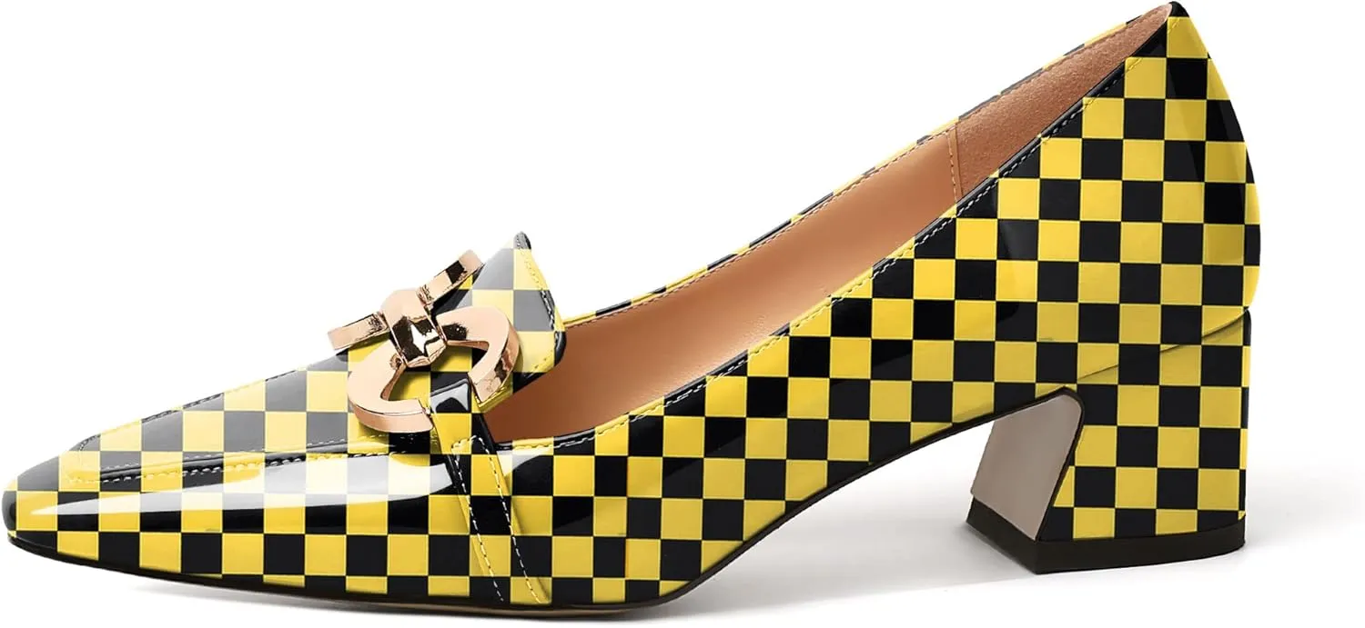 AUMOTED Women's Heels Chunky Low Block Square Toe Dress Shoes with Gold Metal Chain Wedding Party Office Patent Summer Comfortable Pumps