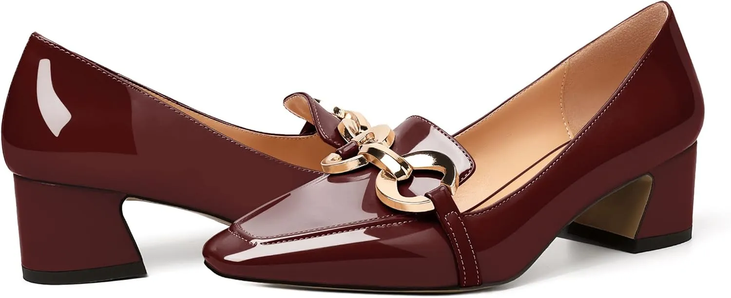 AUMOTED Women's Heels Chunky Low Block Square Toe Dress Shoes with Gold Metal Chain Wedding Party Office Patent Summer Comfortable Pumps