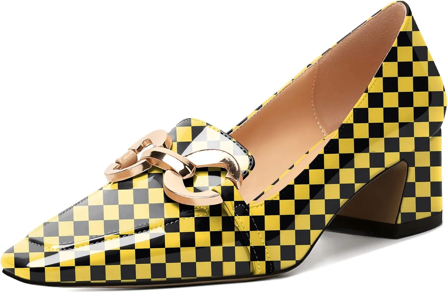 AUMOTED Women's Heels Chunky Low Block Square Toe Dress Shoes with Gold Metal Chain Wedding Party Office Patent Summer Comfortable Pumps