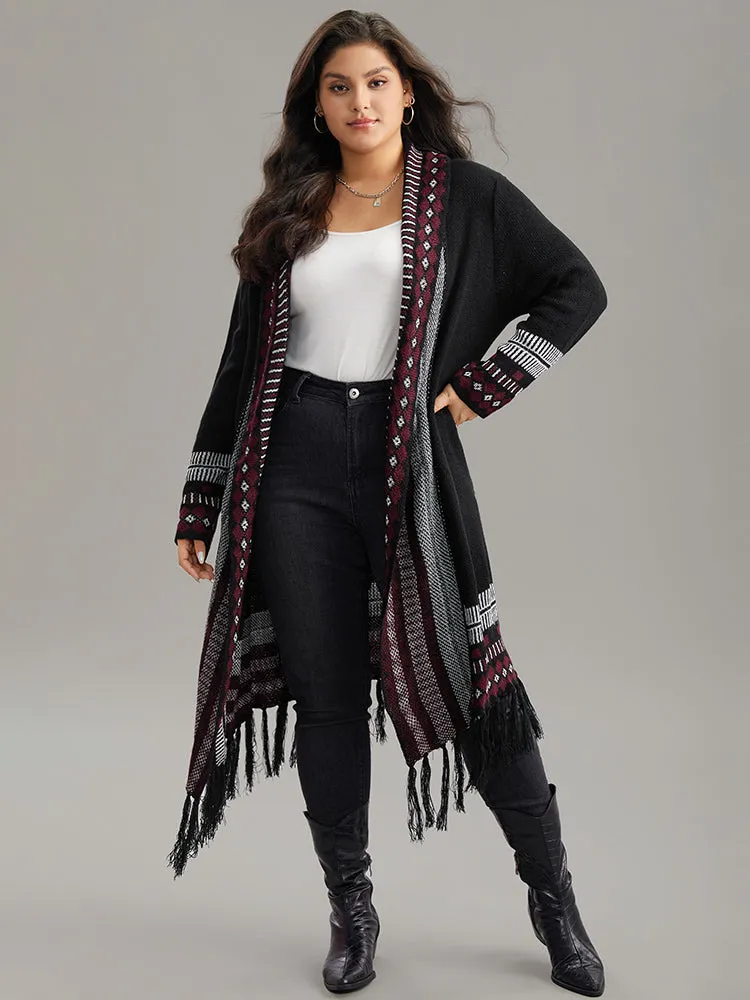 Bandana Print Fringe Trim Maxi Cardigan