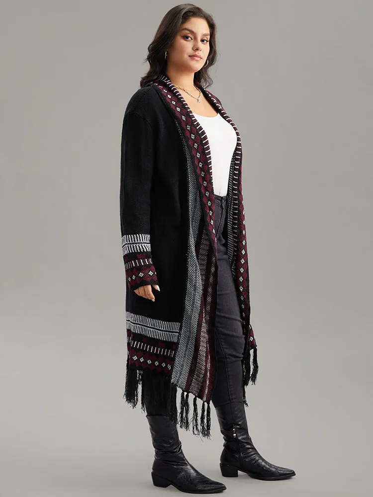 Bandana Print Fringe Trim Maxi Cardigan