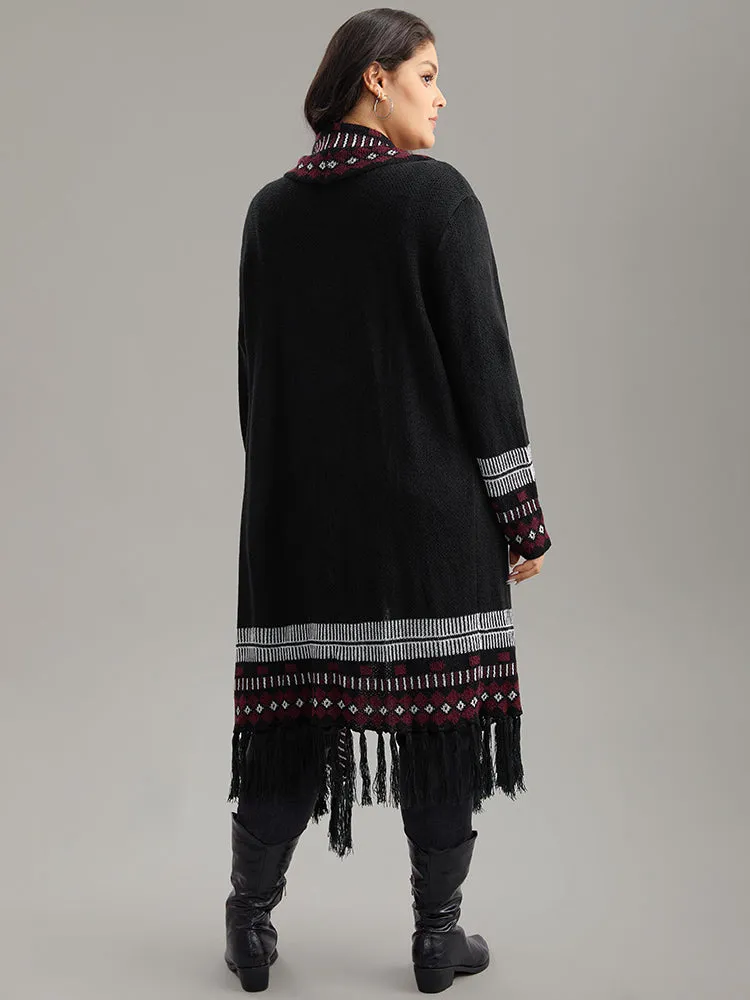 Bandana Print Fringe Trim Maxi Cardigan
