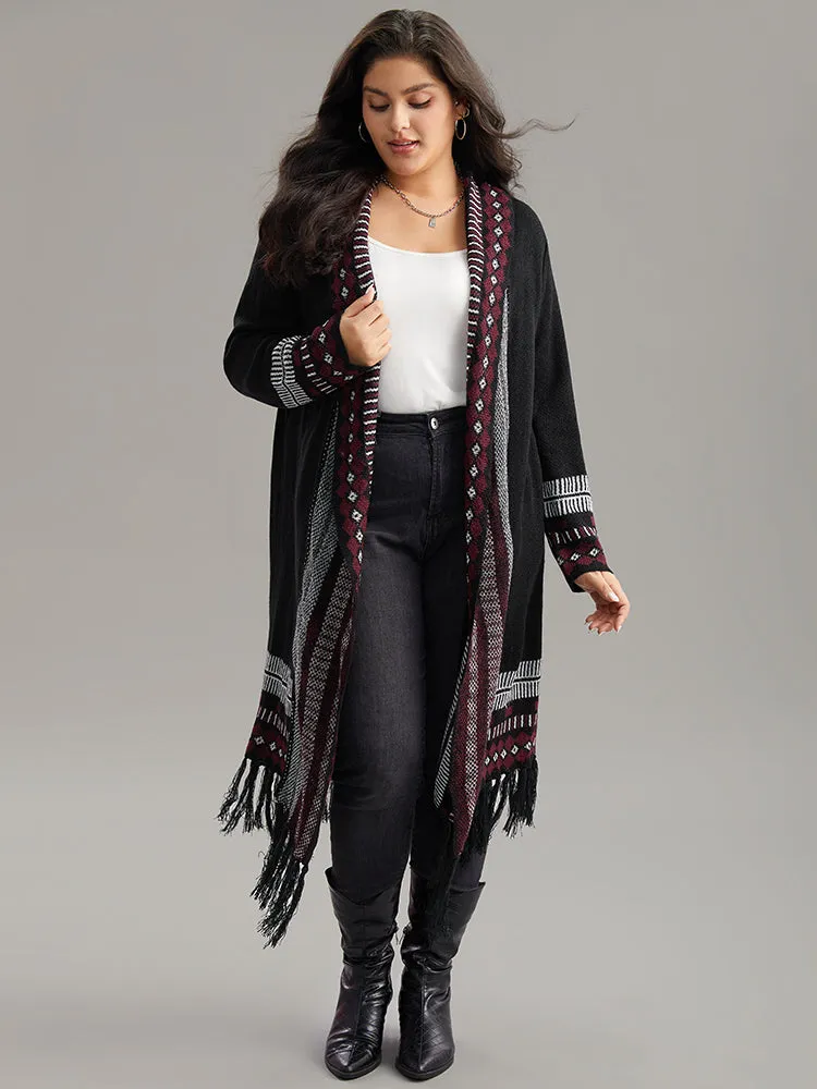 Bandana Print Fringe Trim Maxi Cardigan