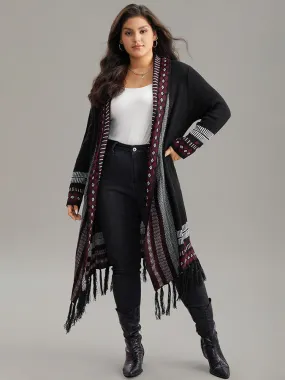 Bandana Print Fringe Trim Maxi Cardigan