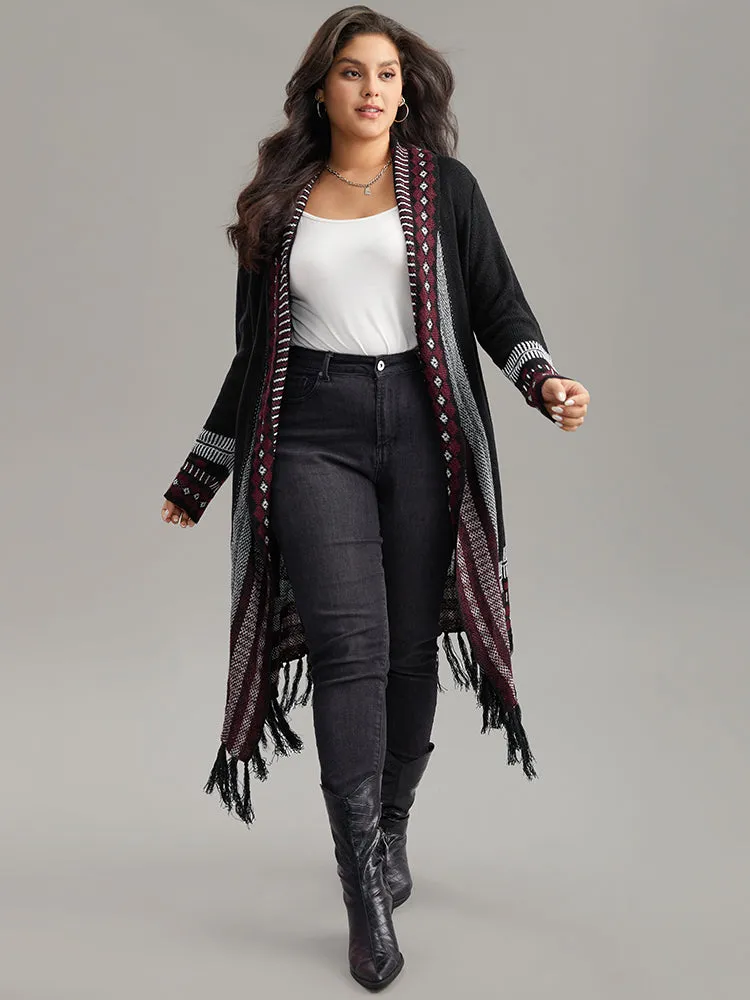 Bandana Print Fringe Trim Maxi Cardigan