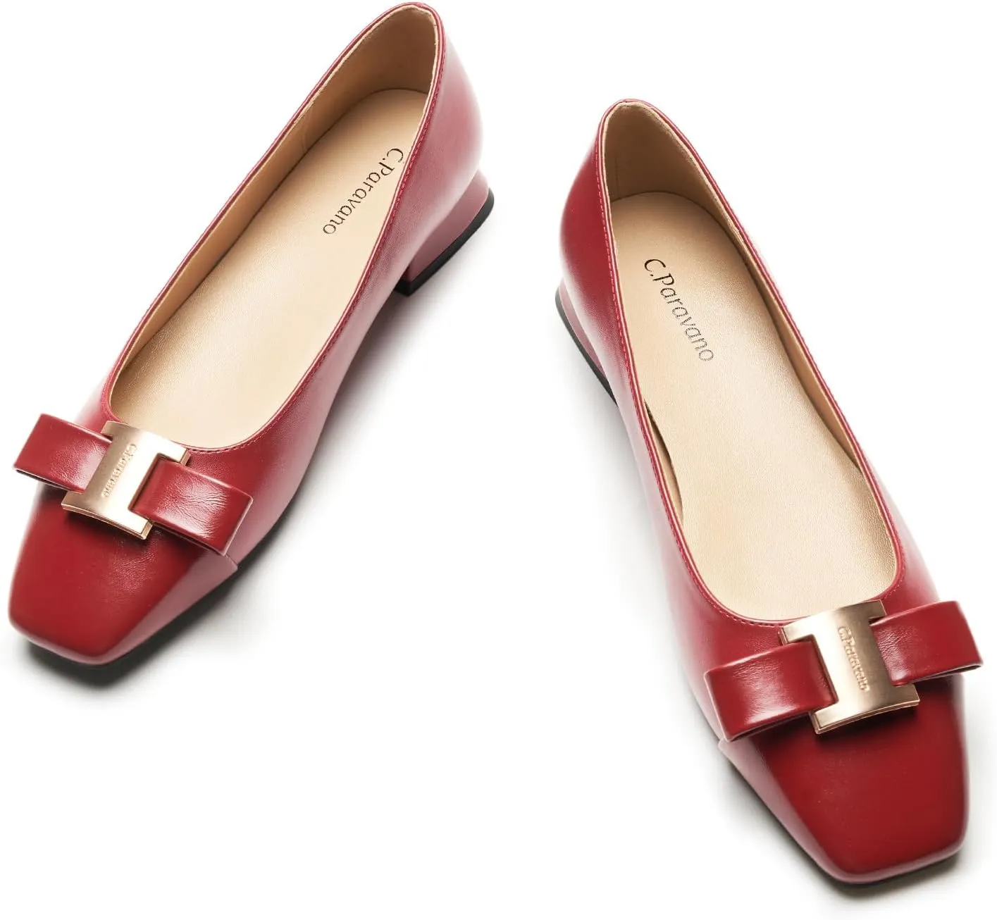 C.Paravano Women's Chunky Block Heel Ballet Flats-Square Toe Bowknot Pumps|for Women Dressy,Office Work Shoes,Wedding Guest Attire,Spring Dressy Footwear|Solid Colors(Red,6.5)