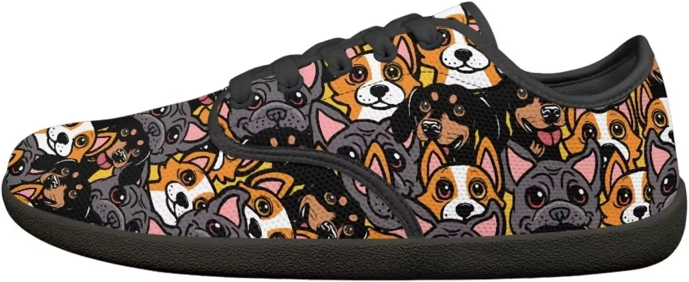 Doggy Print Women's Barefoot Shoes Comfort Lace Up Walking Sneakers Breathable Flat Low Tops Work Office