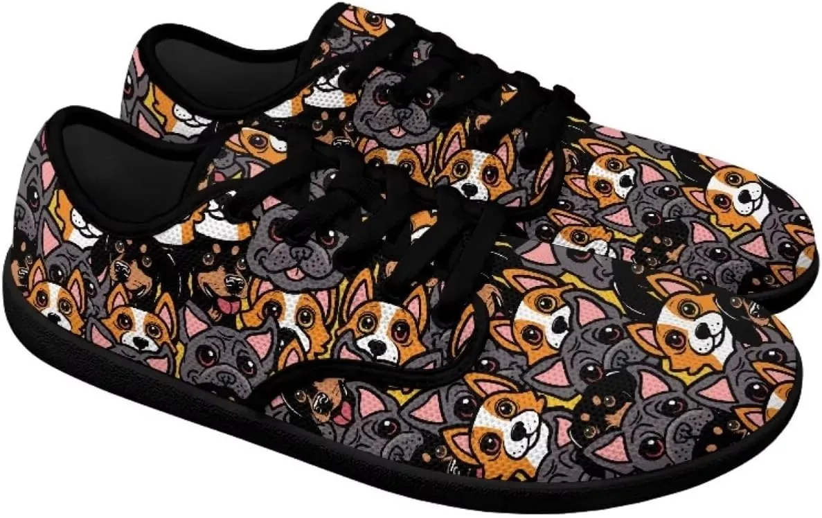 Doggy Print Women's Barefoot Shoes Comfort Lace Up Walking Sneakers Breathable Flat Low Tops Work Office