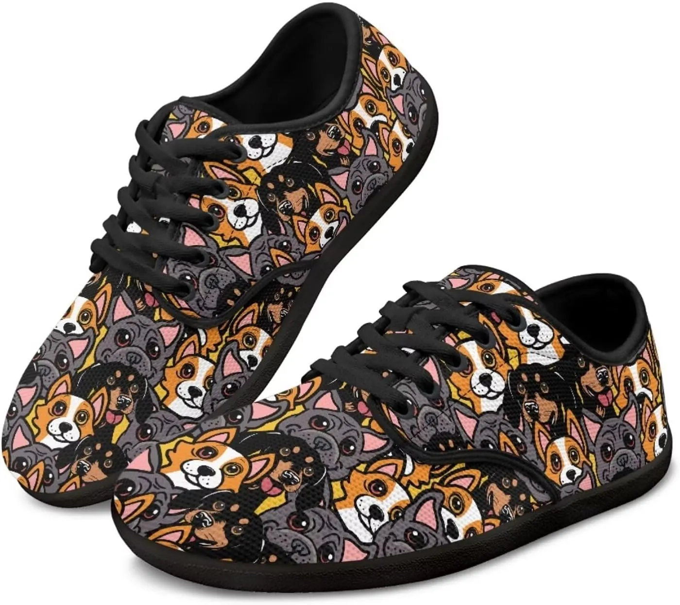 Doggy Print Women's Barefoot Shoes Comfort Lace Up Walking Sneakers Breathable Flat Low Tops Work Office