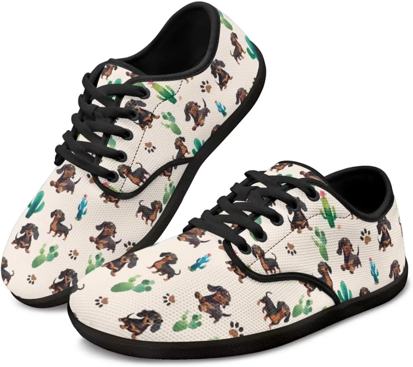 Doggy Print Women's Barefoot Shoes Comfort Lace Up Walking Sneakers Breathable Flat Low Tops Work Office
