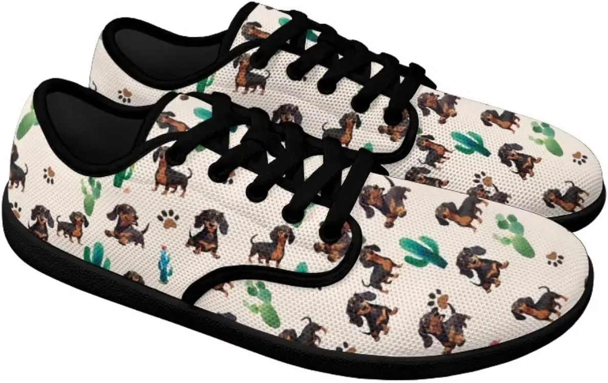 Doggy Print Women's Barefoot Shoes Comfort Lace Up Walking Sneakers Breathable Flat Low Tops Work Office