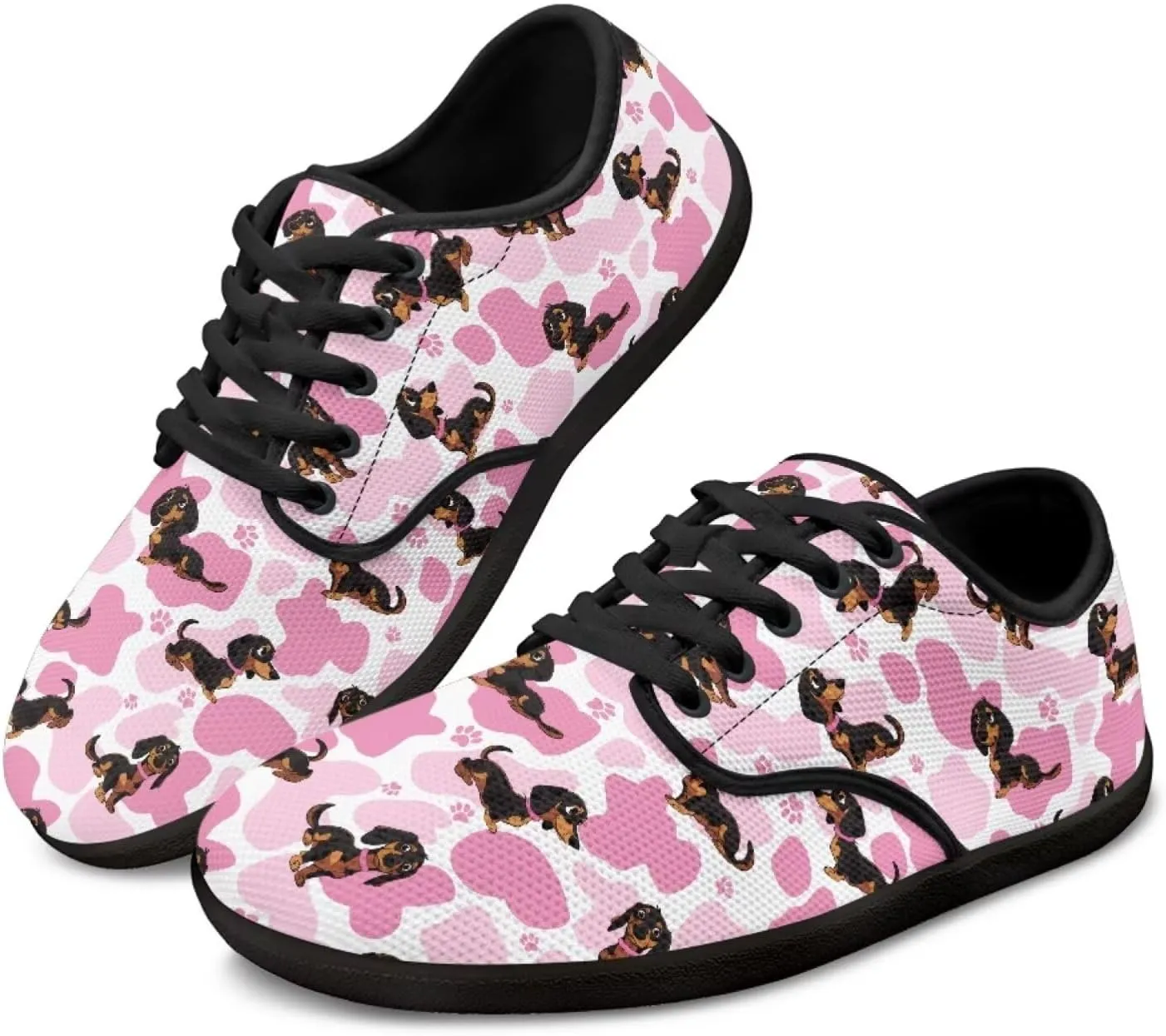 Doggy Print Women's Barefoot Shoes Comfort Lace Up Walking Sneakers Breathable Flat Low Tops Work Office