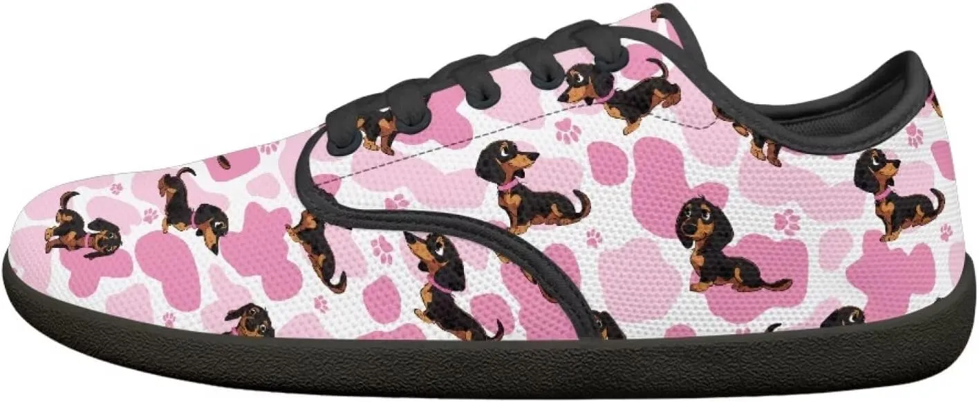 Doggy Print Women's Barefoot Shoes Comfort Lace Up Walking Sneakers Breathable Flat Low Tops Work Office