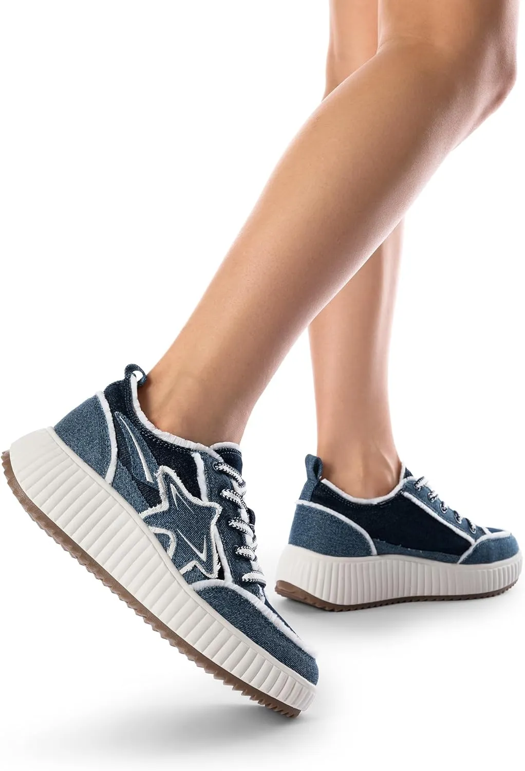 DREAM PAIRS Women Platform Chunky Lightweight Comfortable Casual Denim Fabric Lace-Up Kay Walking Fashion Sneakers