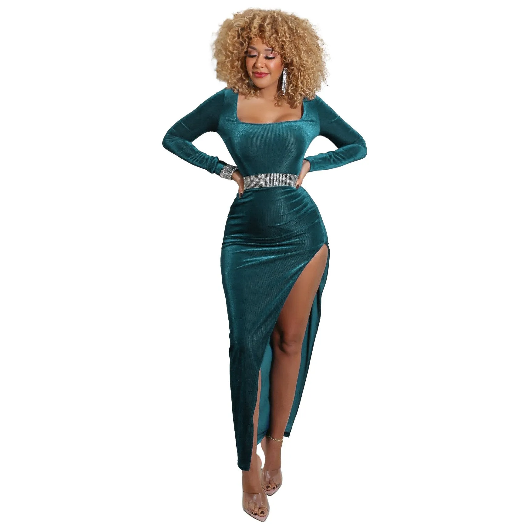 DressBetty - Elegant Velvet High Waist Slit Maxi Dress Sexy Long Sleeve Evening Party Dress
