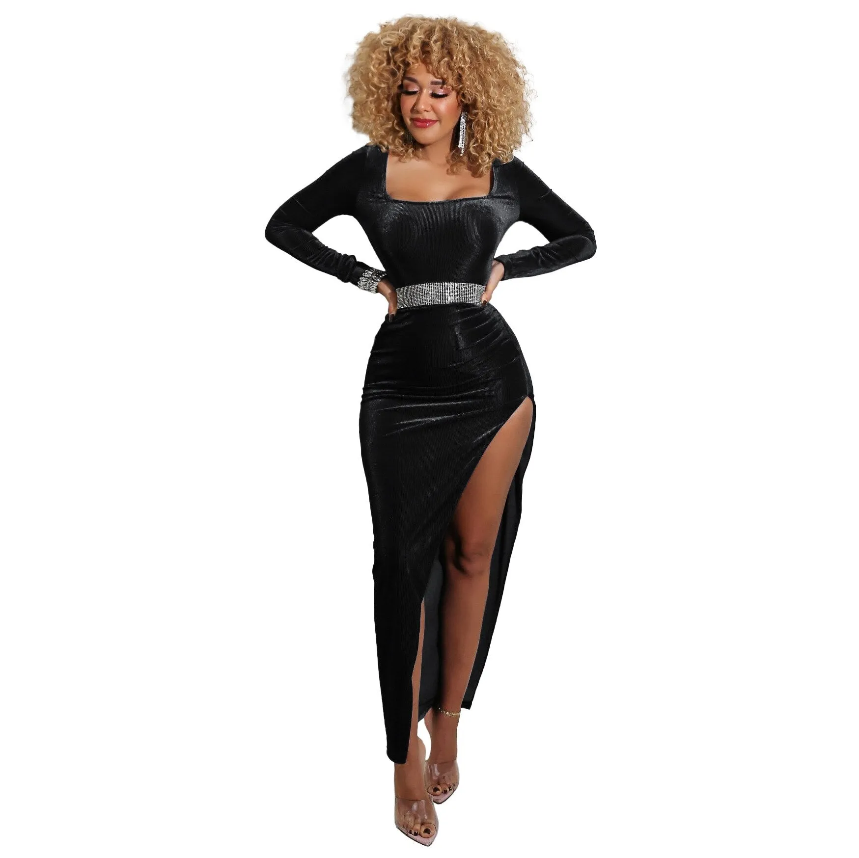 DressBetty - Elegant Velvet High Waist Slit Maxi Dress Sexy Long Sleeve Evening Party Dress