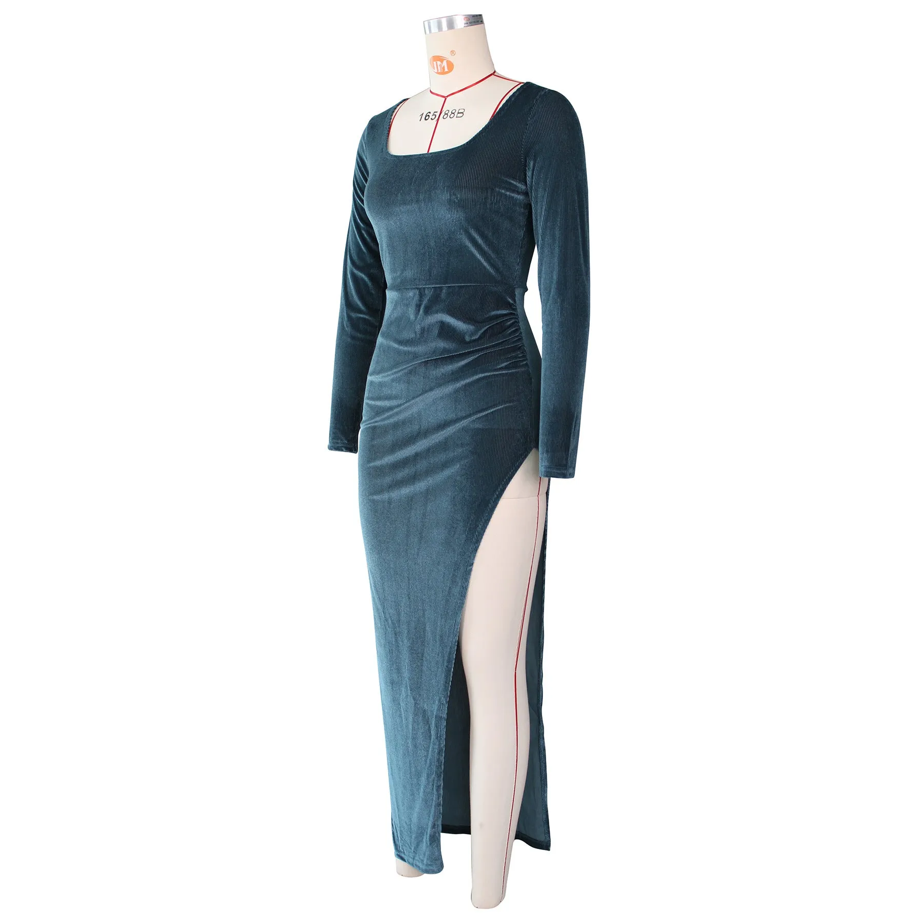 DressBetty - Elegant Velvet High Waist Slit Maxi Dress Sexy Long Sleeve Evening Party Dress