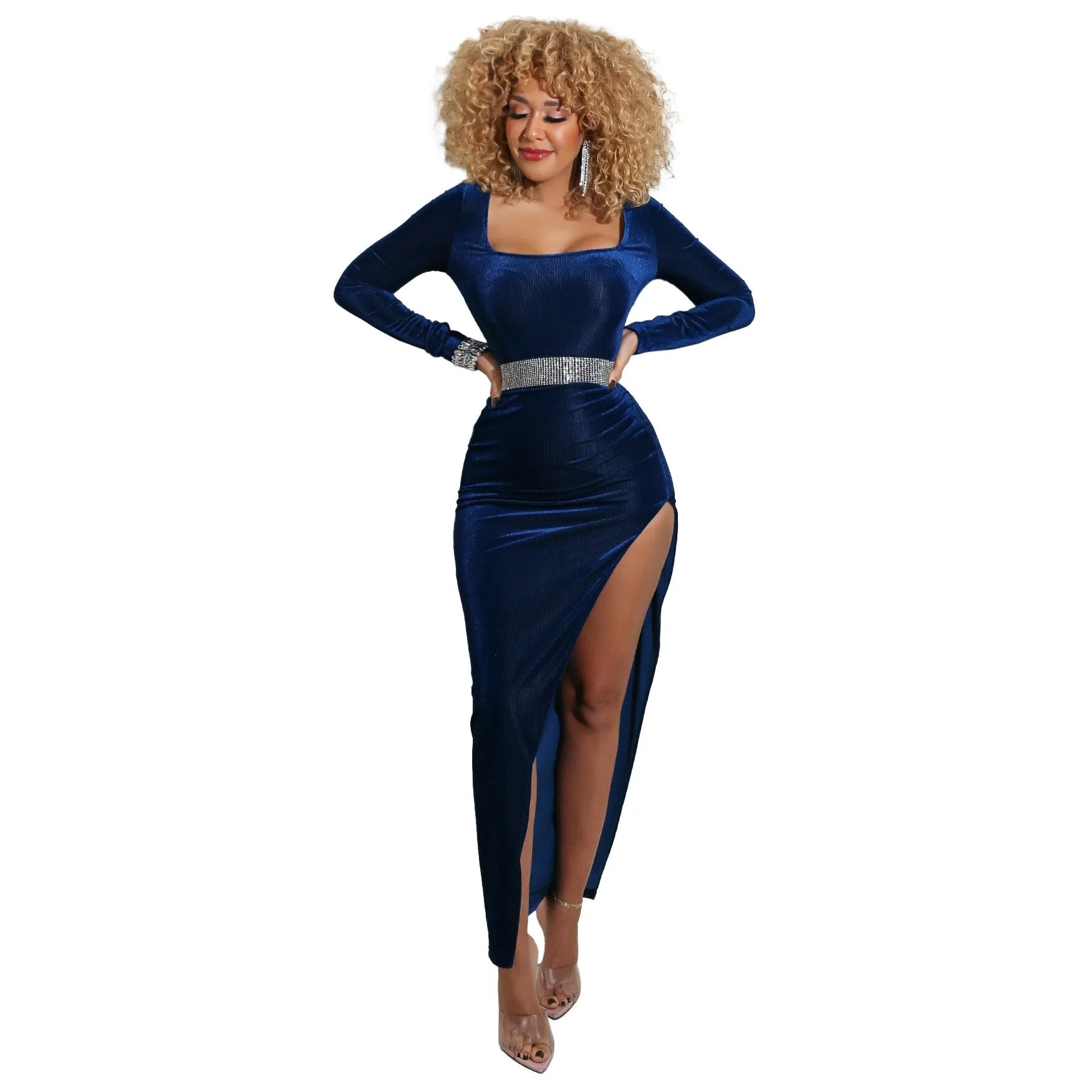 DressBetty - Elegant Velvet High Waist Slit Maxi Dress Sexy Long Sleeve Evening Party Dress