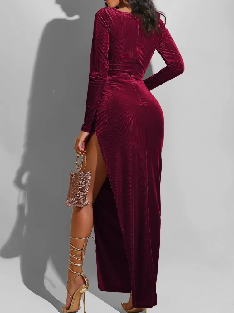 DressBetty - Elegant Velvet High Waist Slit Maxi Dress Sexy Long Sleeve Evening Party Dress