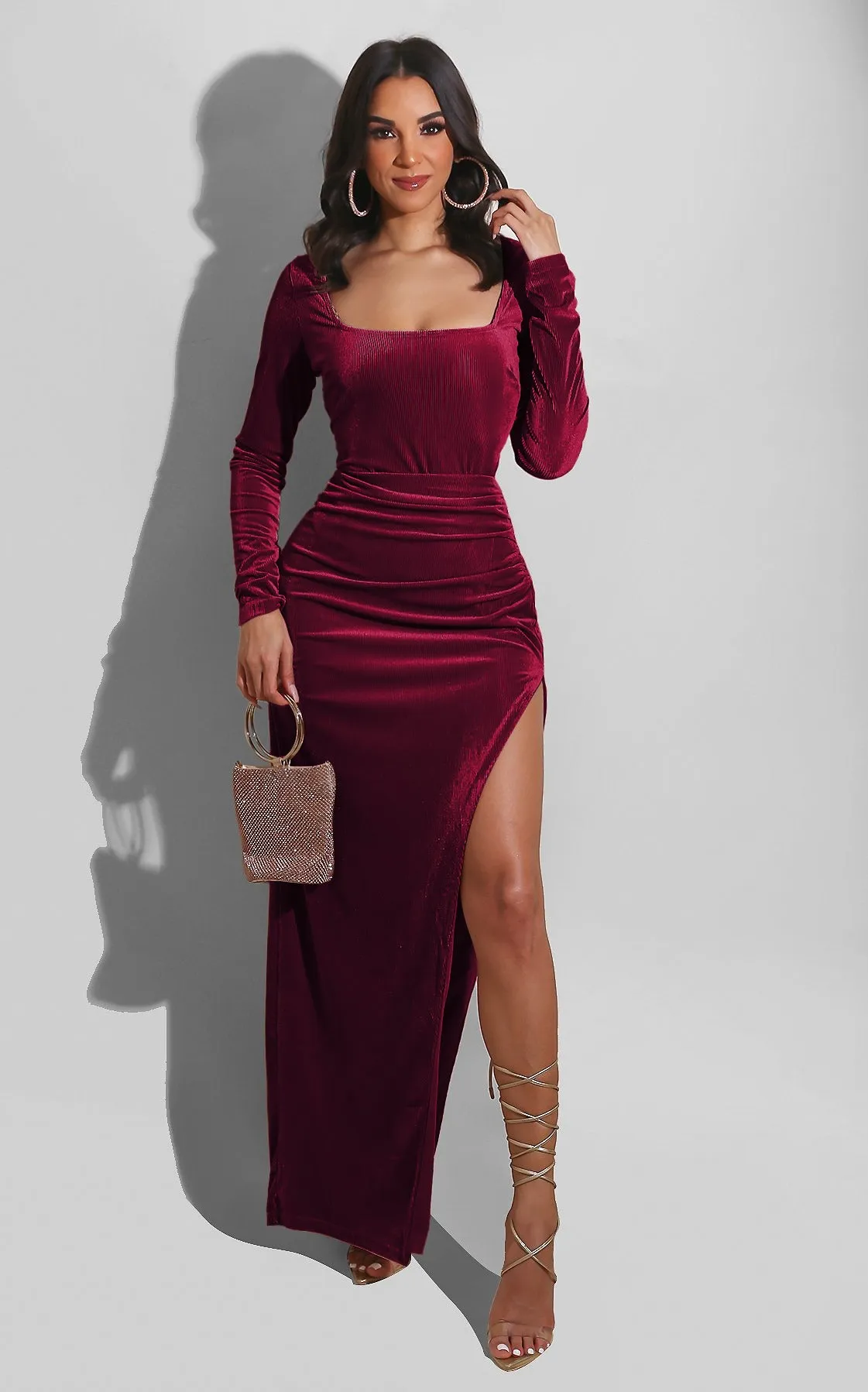 DressBetty - Elegant Velvet High Waist Slit Maxi Dress Sexy Long Sleeve Evening Party Dress