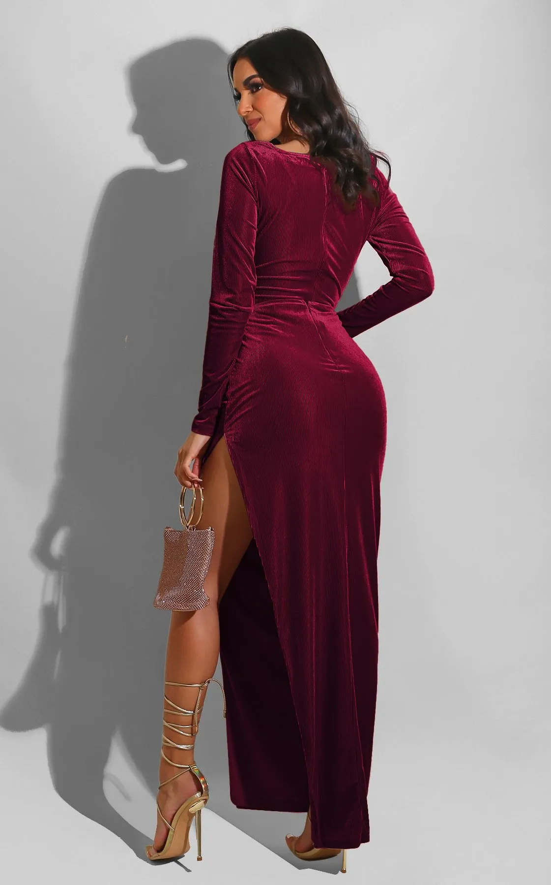 DressBetty - Elegant Velvet High Waist Slit Maxi Dress Sexy Long Sleeve Evening Party Dress