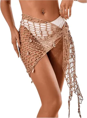 GORGLITTER Women's Crochet Shell Decor Sarong Wraps Hollow Out Tie Side Bikini Cover Up Skirts Swimsuits