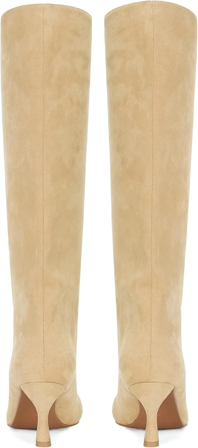 Knee High Boots for Women Faux Suede Wide Calf Square Toe Tall Stiletto Heels Long Fall Pull on Fashion Casual Cute