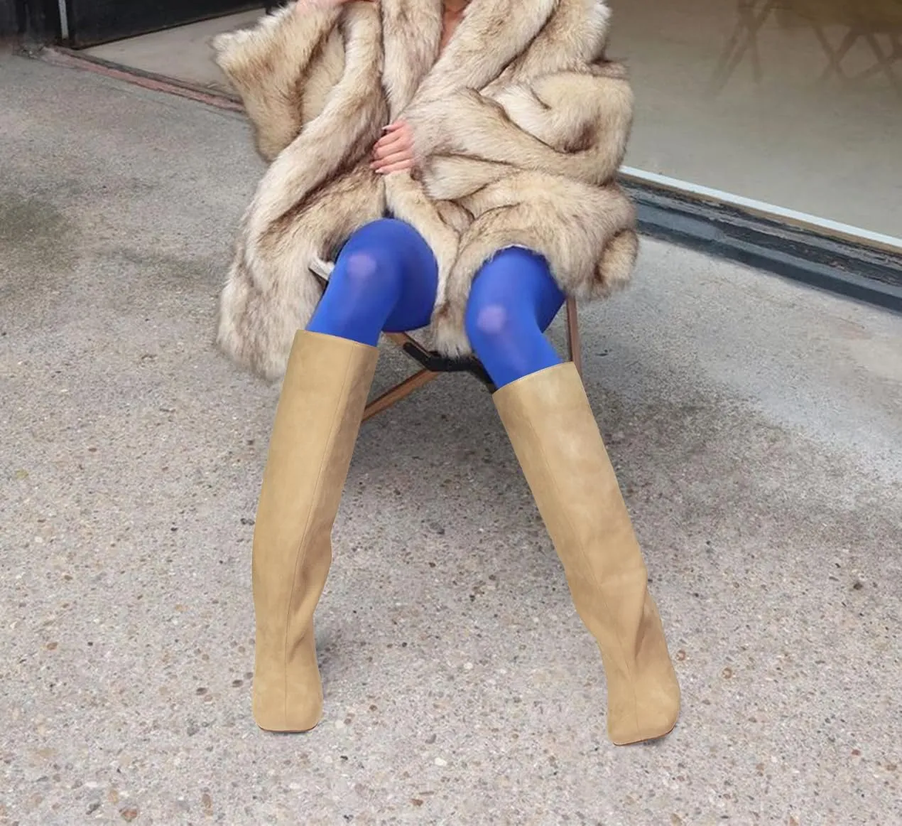 Knee High Boots for Women Faux Suede Wide Calf Square Toe Tall Stiletto Heels Long Fall Pull on Fashion Casual Cute