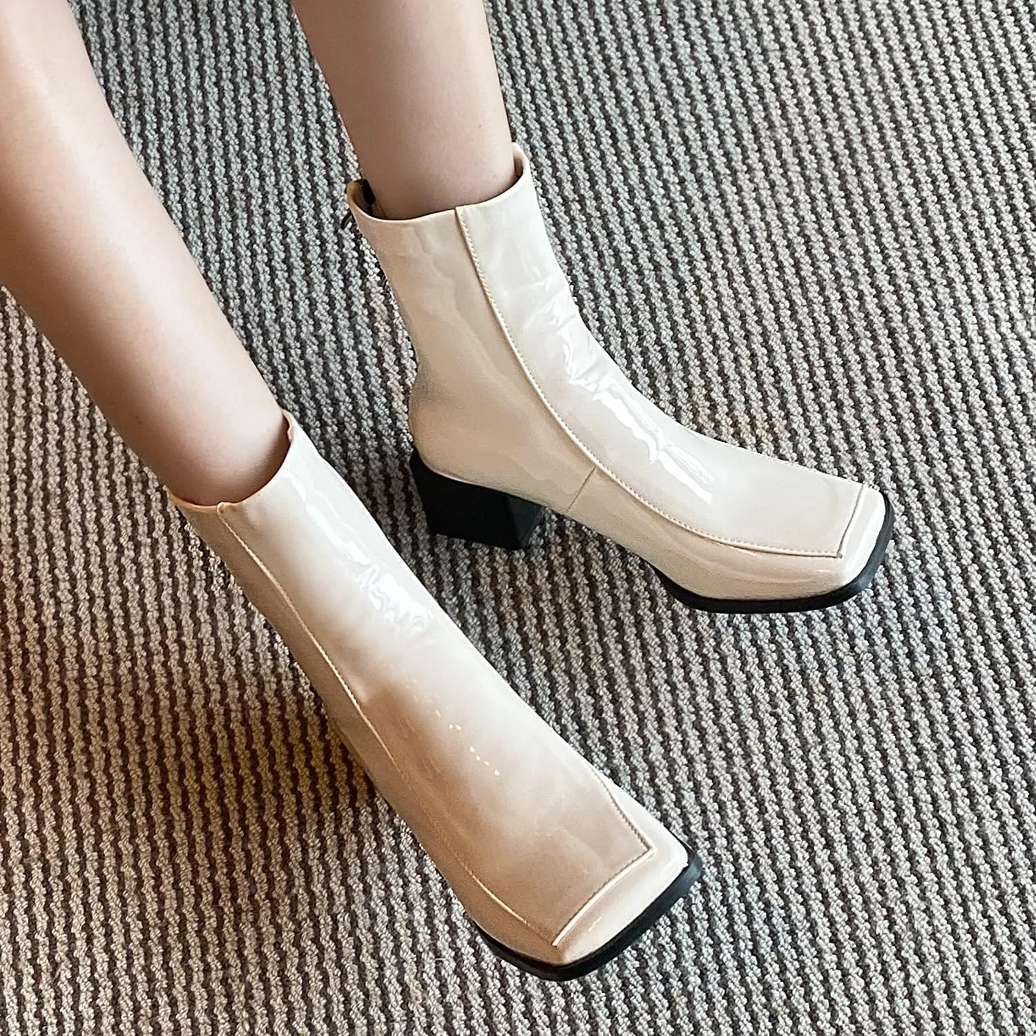 LEHOOR Women Chunky Heel Back Zipper Ankle Boots Patent Leather Square Toe GO GO Booties Mid Calf Comfort Zip UP 2 Inch Block Heel Short Boots Chic Cool Dress Casual 4-11 M US