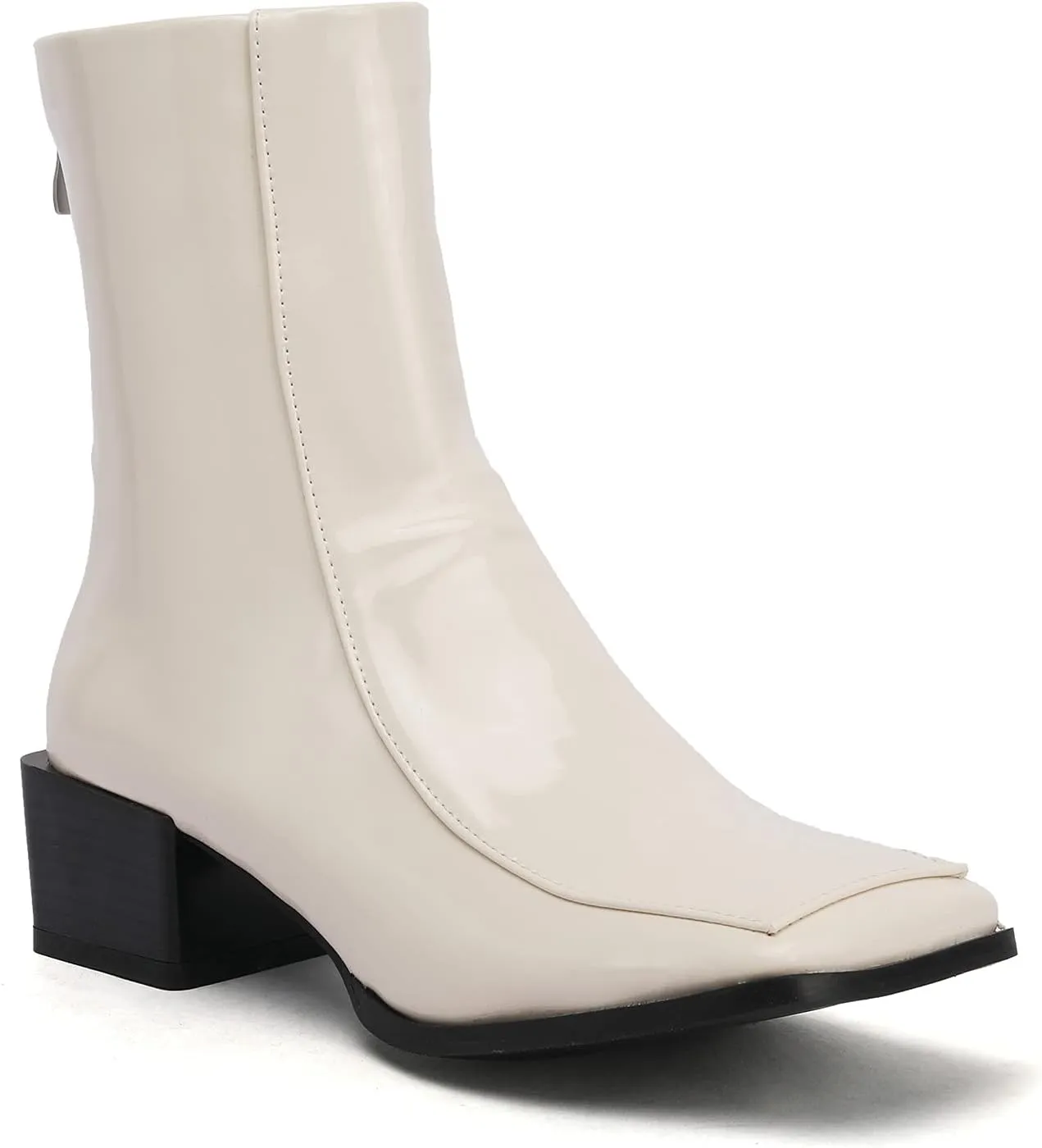 LEHOOR Women Chunky Heel Back Zipper Ankle Boots Patent Leather Square Toe GO GO Booties Mid Calf Comfort Zip UP 2 Inch Block Heel Short Boots Chic Cool Dress Casual 4-11 M US