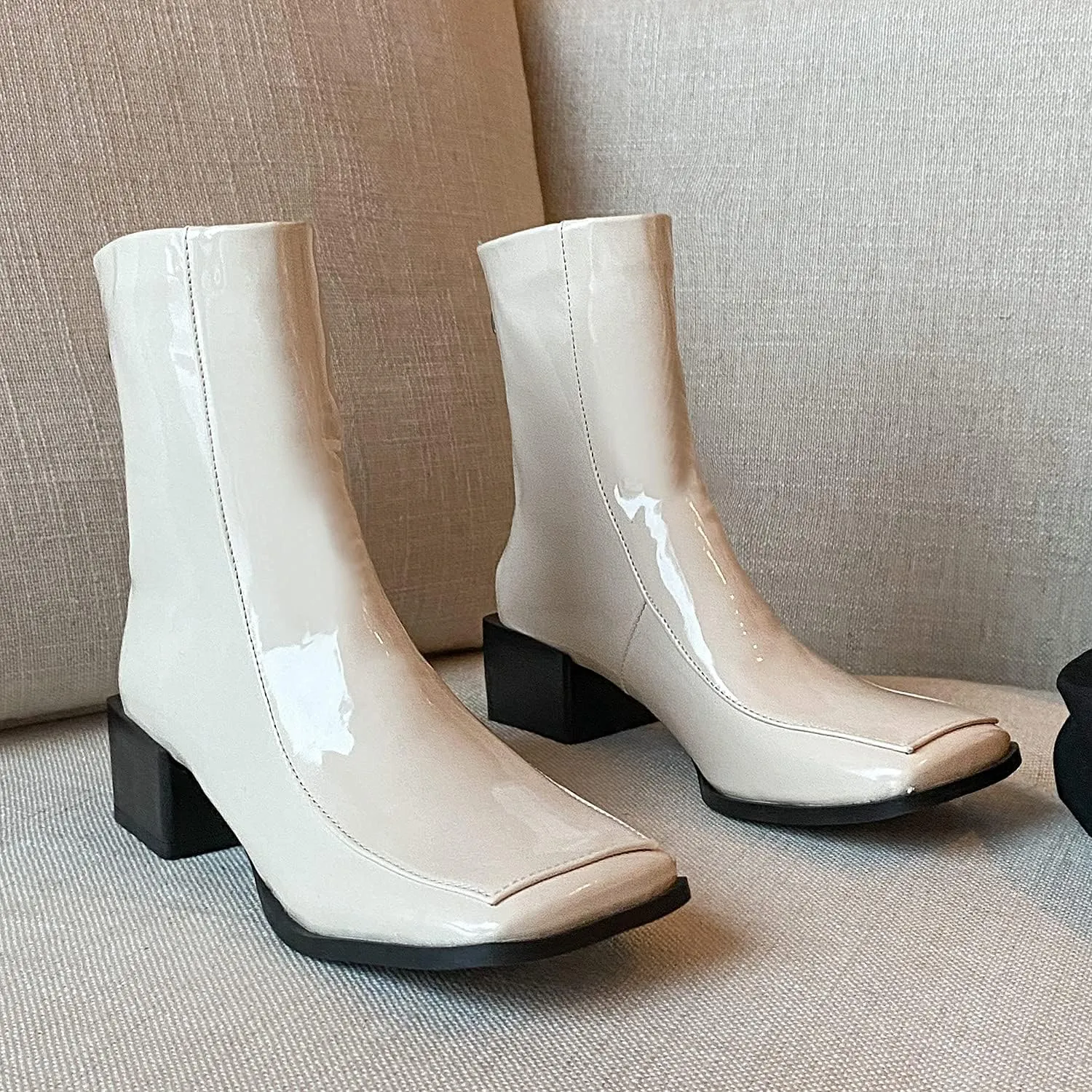 LEHOOR Women Chunky Heel Back Zipper Ankle Boots Patent Leather Square Toe GO GO Booties Mid Calf Comfort Zip UP 2 Inch Block Heel Short Boots Chic Cool Dress Casual 4-11 M US
