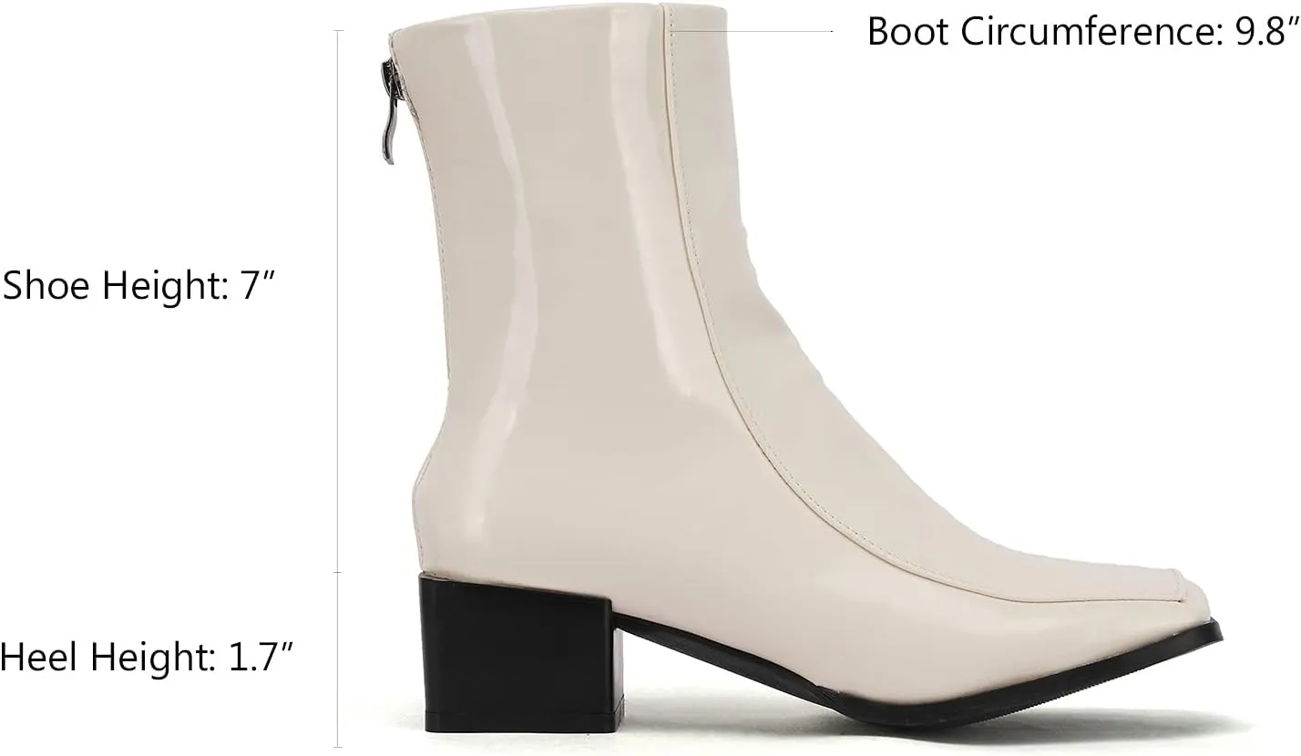LEHOOR Women Chunky Heel Back Zipper Ankle Boots Patent Leather Square Toe GO GO Booties Mid Calf Comfort Zip UP 2 Inch Block Heel Short Boots Chic Cool Dress Casual 4-11 M US
