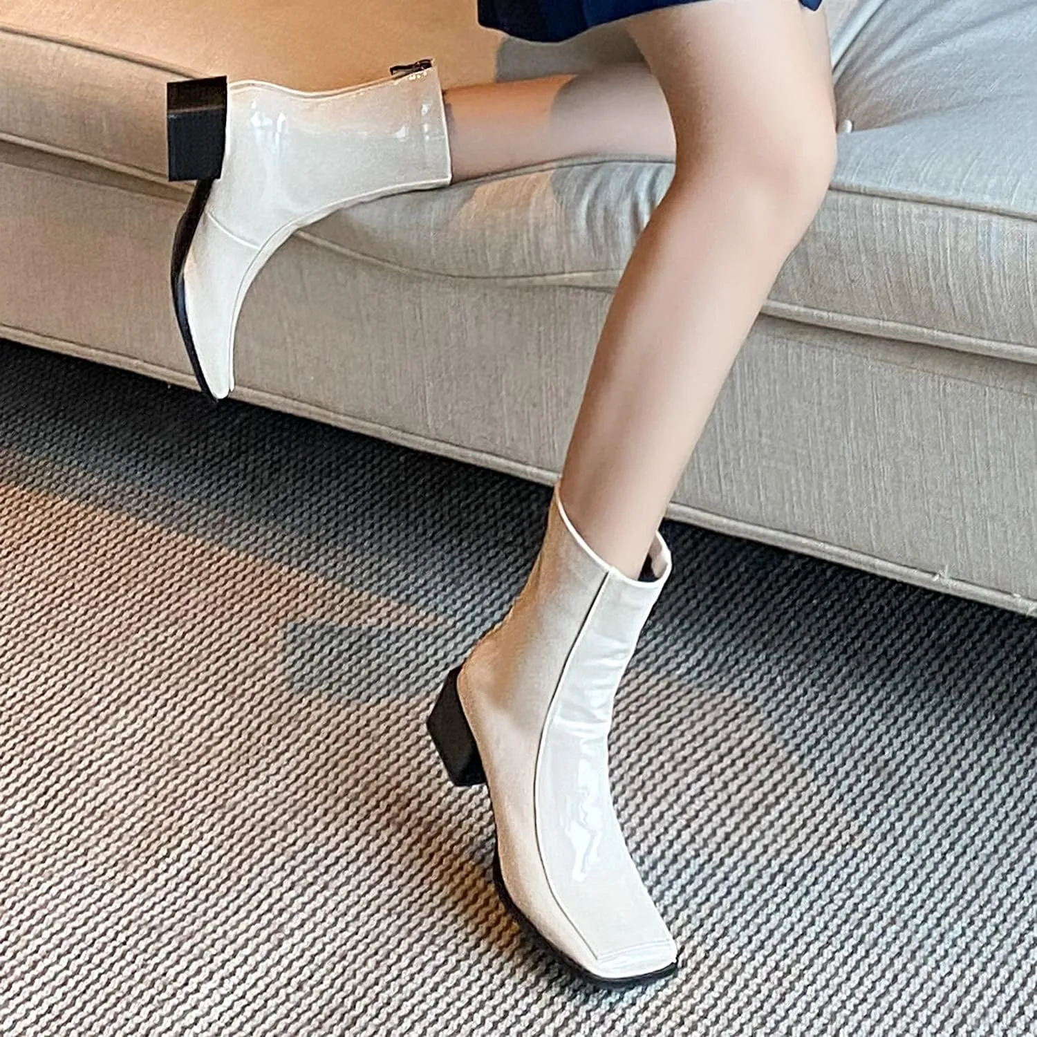 LEHOOR Women Chunky Heel Back Zipper Ankle Boots Patent Leather Square Toe GO GO Booties Mid Calf Comfort Zip UP 2 Inch Block Heel Short Boots Chic Cool Dress Casual 4-11 M US
