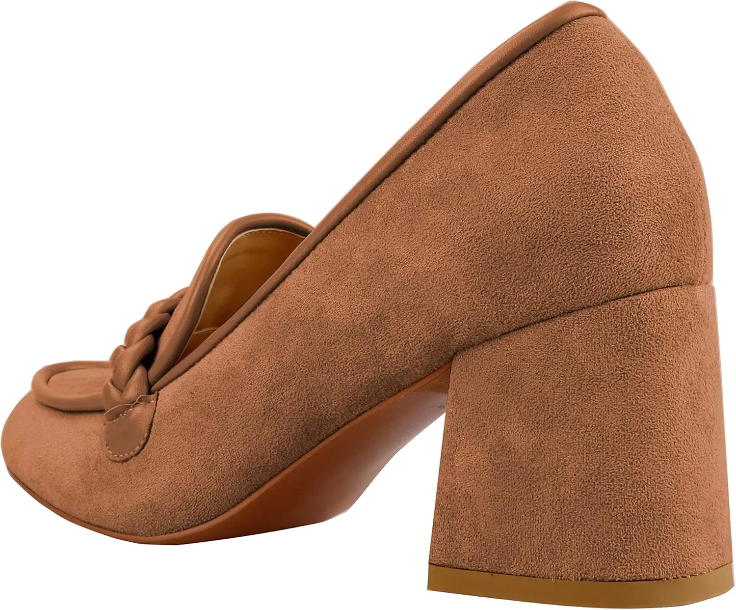 LEMUTISME Women's Elegant Faux Suede Round Toe Braided Strap Chunky Loafers Comfortable Mid Block Heel Slip On 2IN Dress Pumps Shoes for Work Office
