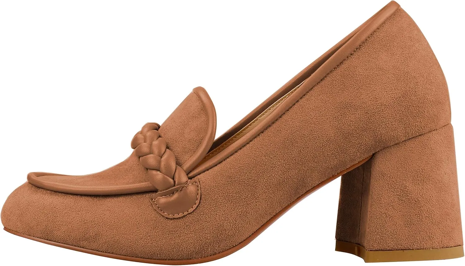 LEMUTISME Women's Elegant Faux Suede Round Toe Braided Strap Chunky Loafers Comfortable Mid Block Heel Slip On 2IN Dress Pumps Shoes for Work Office