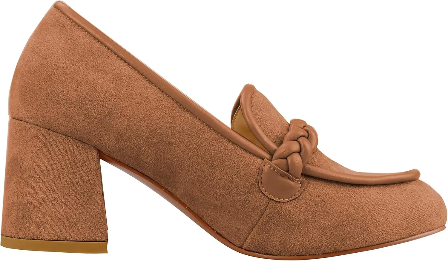 LEMUTISME Women's Elegant Faux Suede Round Toe Braided Strap Chunky Loafers Comfortable Mid Block Heel Slip On 2IN Dress Pumps Shoes for Work Office