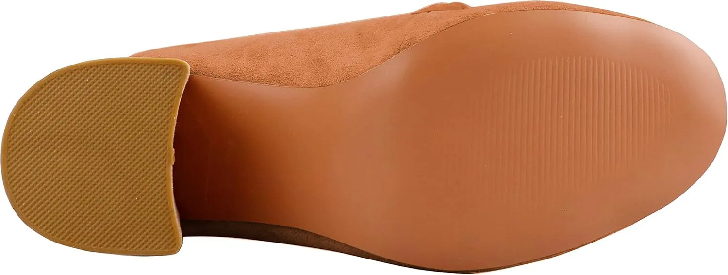 LEMUTISME Women's Elegant Faux Suede Round Toe Braided Strap Chunky Loafers Comfortable Mid Block Heel Slip On 2IN Dress Pumps Shoes for Work Office
