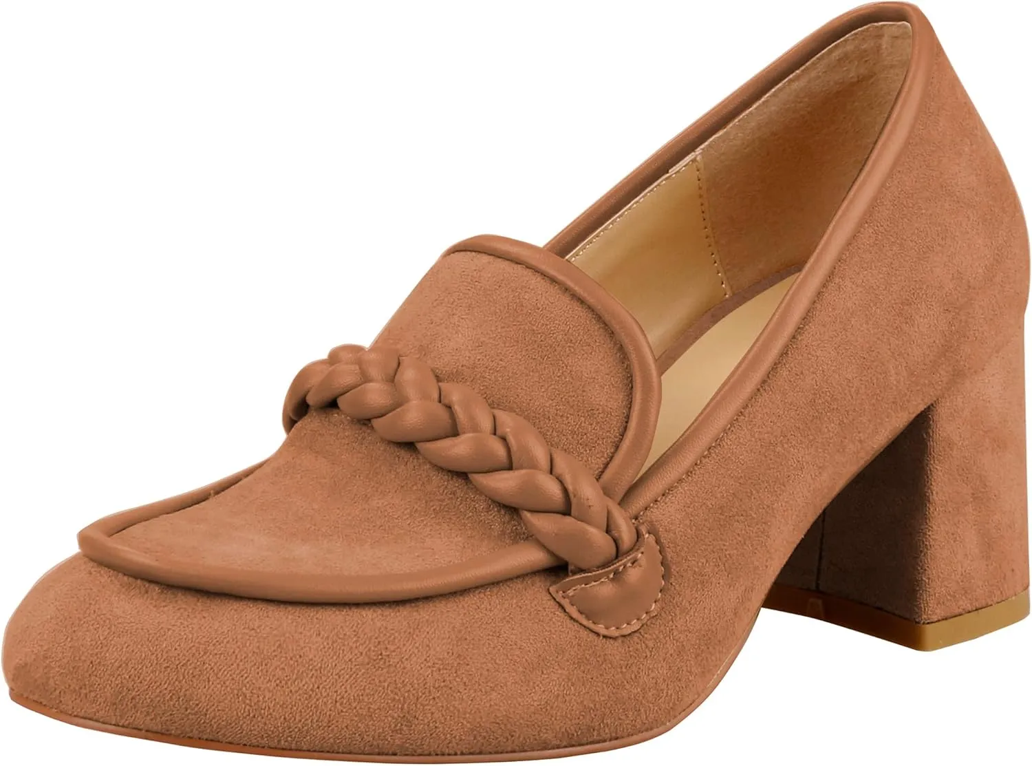 LEMUTISME Women's Elegant Faux Suede Round Toe Braided Strap Chunky Loafers Comfortable Mid Block Heel Slip On 2IN Dress Pumps Shoes for Work Office