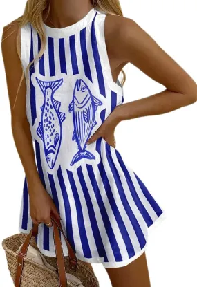 Melliflo Womens Graffiti Fish Printed Mini Dress Crew Neck Sleeveless Striped Short Tank Dress Summer Beach Boho Sundress